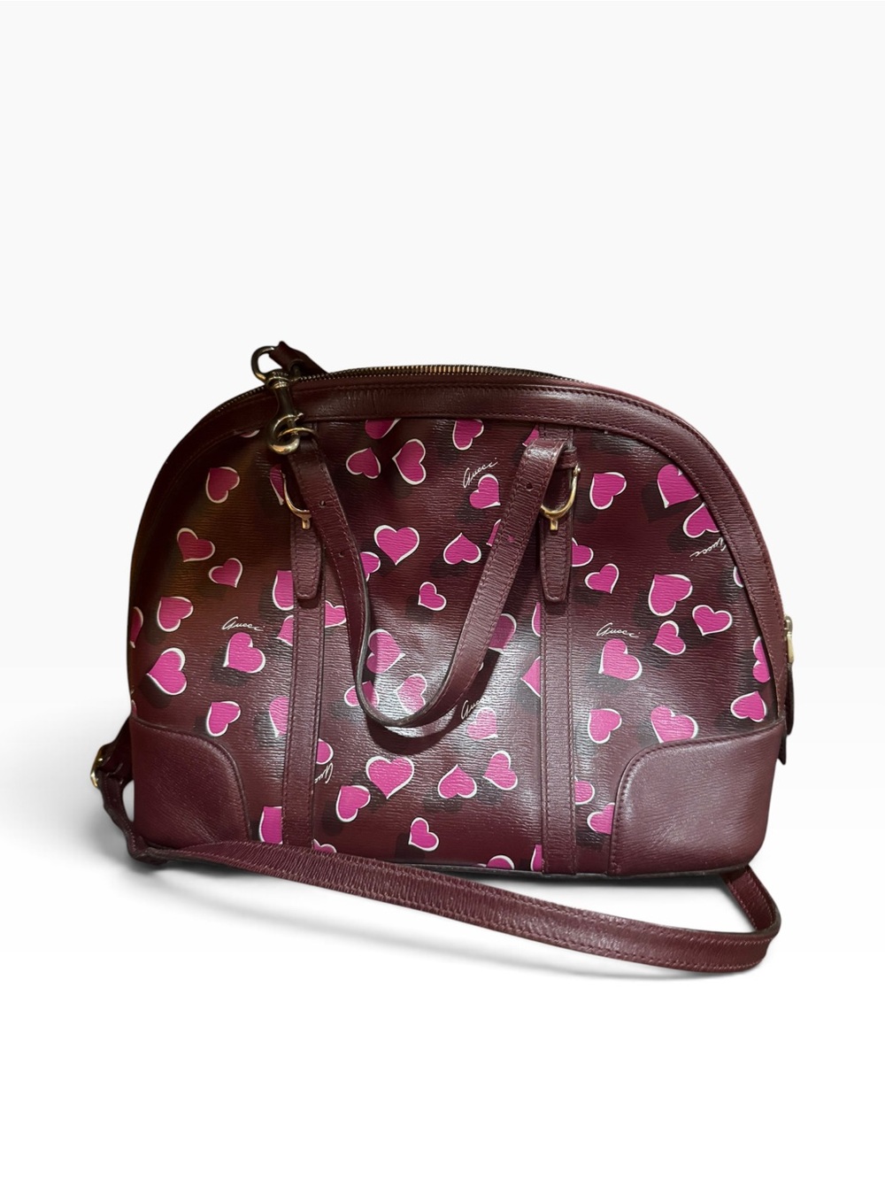 Gucci Vintage Y2K Burgundy Pink Heart Print Dome Satchel Shoulder Bag - Picture 9 of 11